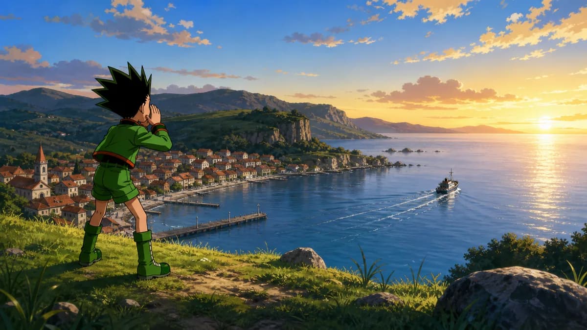 Gon standing on a green island headland at dawn, watching a boat pull away from the jetty below.