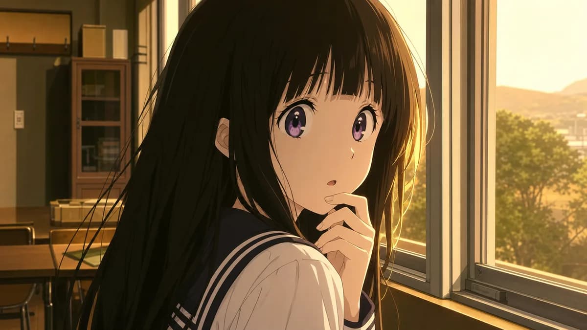 Chitanda at a window in low amber light, caught in the middle of getting curious.