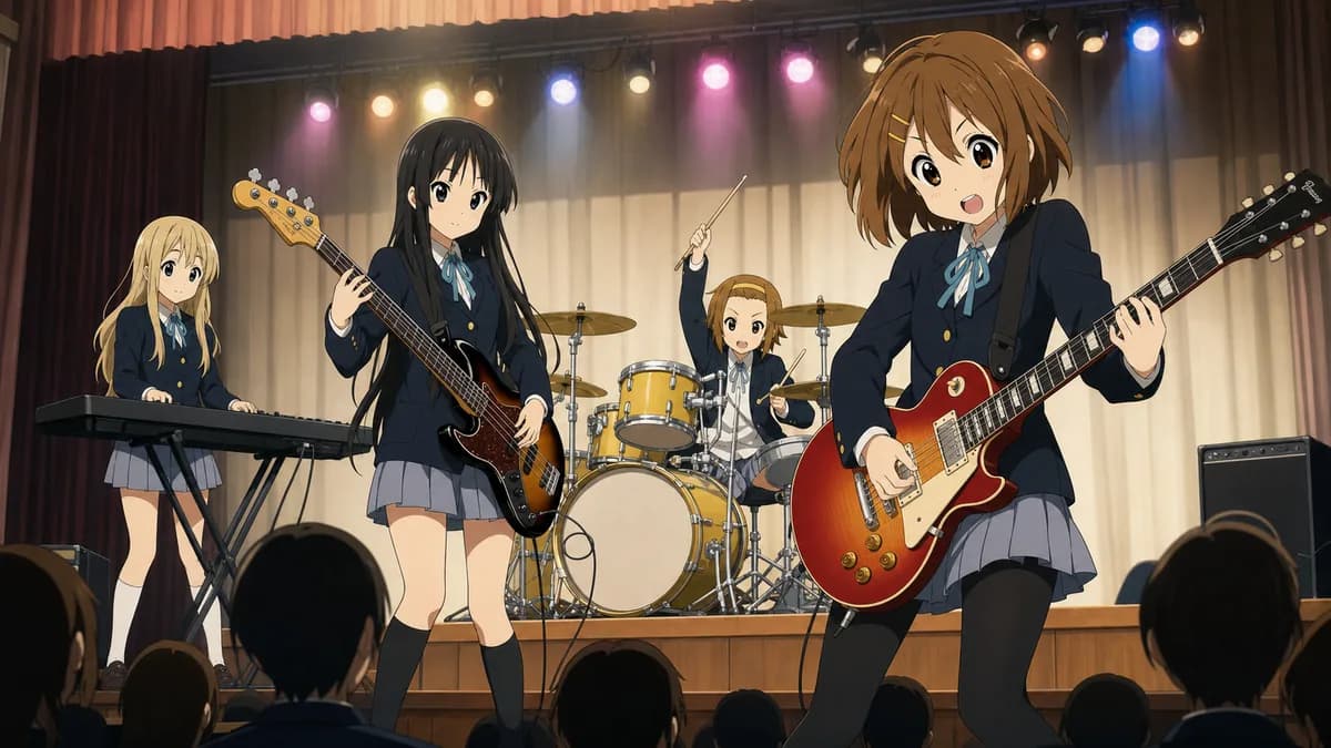 The band mid-song on a school festival stage under coloured lights.