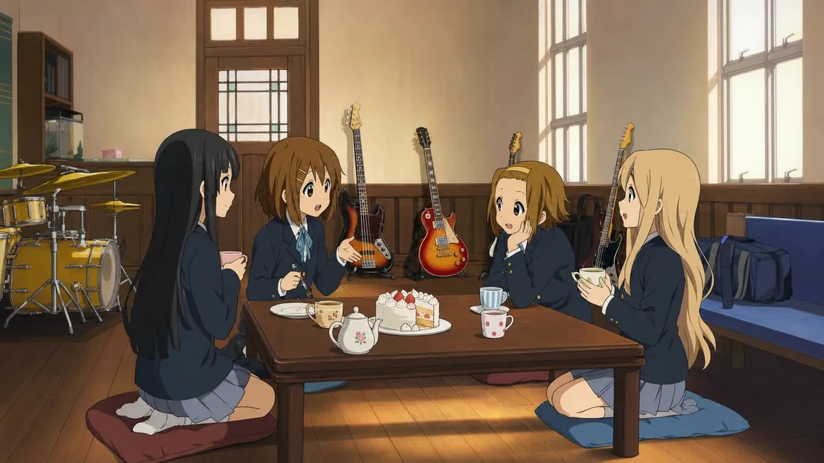 Four girls at a clubroom table with tea and cake, instruments untouched against the wall.