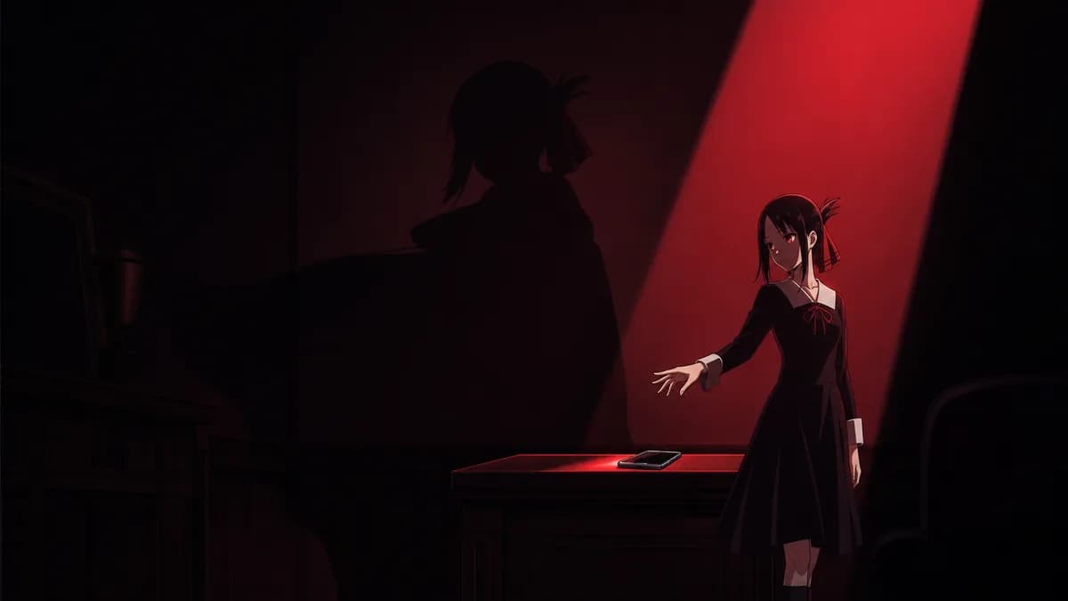 A tiny social decision staged like the climax of a thriller, in dramatic red light.
