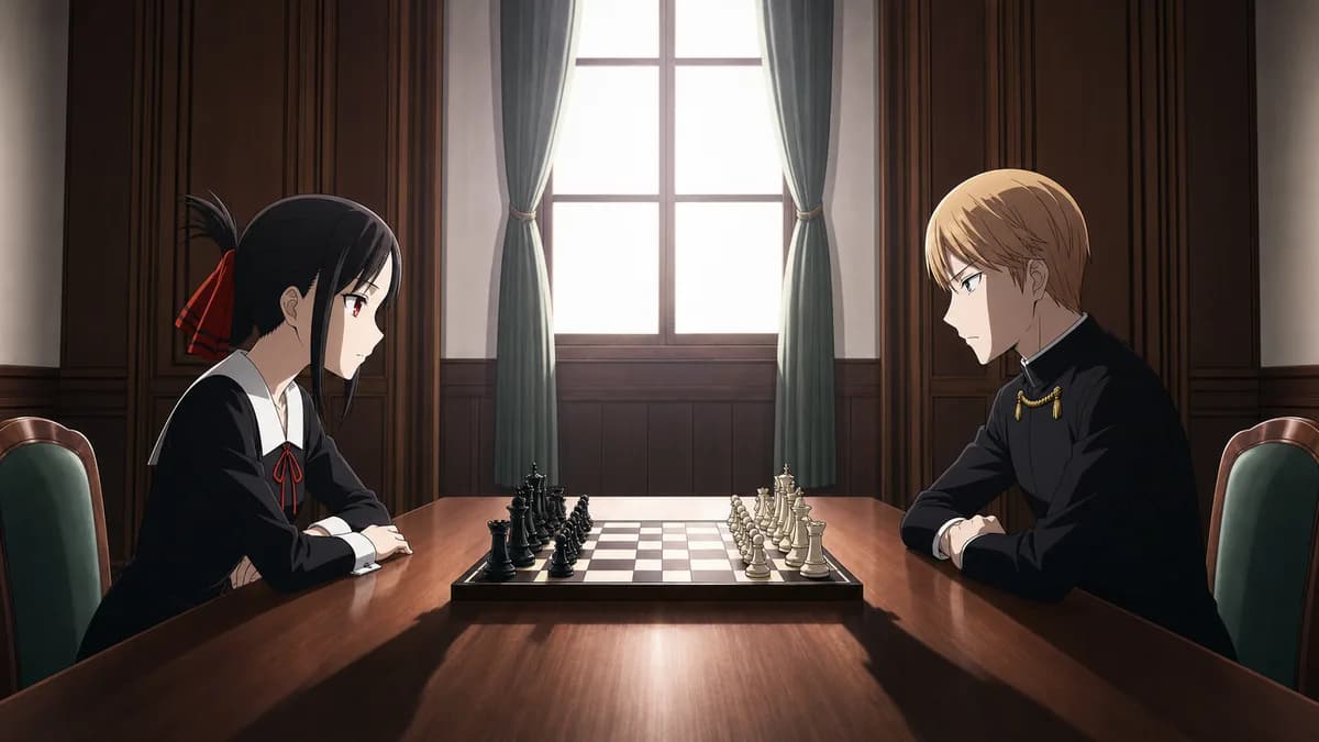 Two student council officers glaring at each other across a table with a chess board between them.