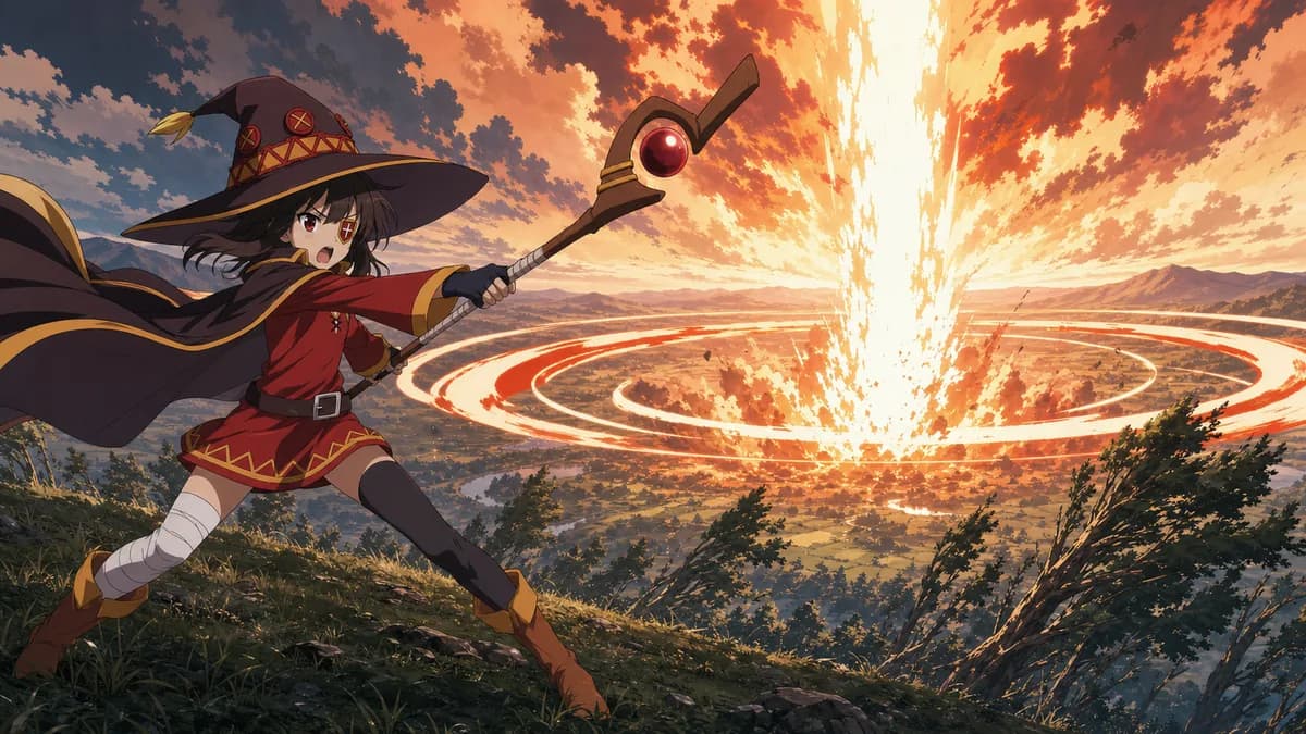Megumin braced on a hillside as an enormous blast of light goes up in the valley below.