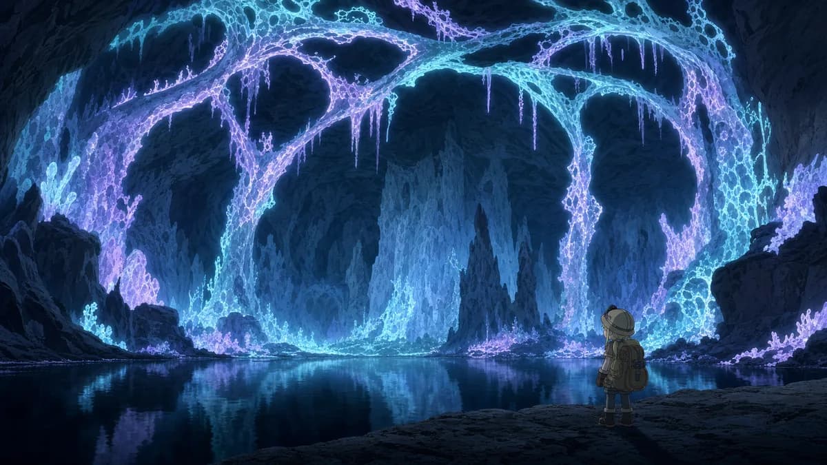 Riko dwarfed inside a vast bioluminescent cavern of impossible glowing plant forms.