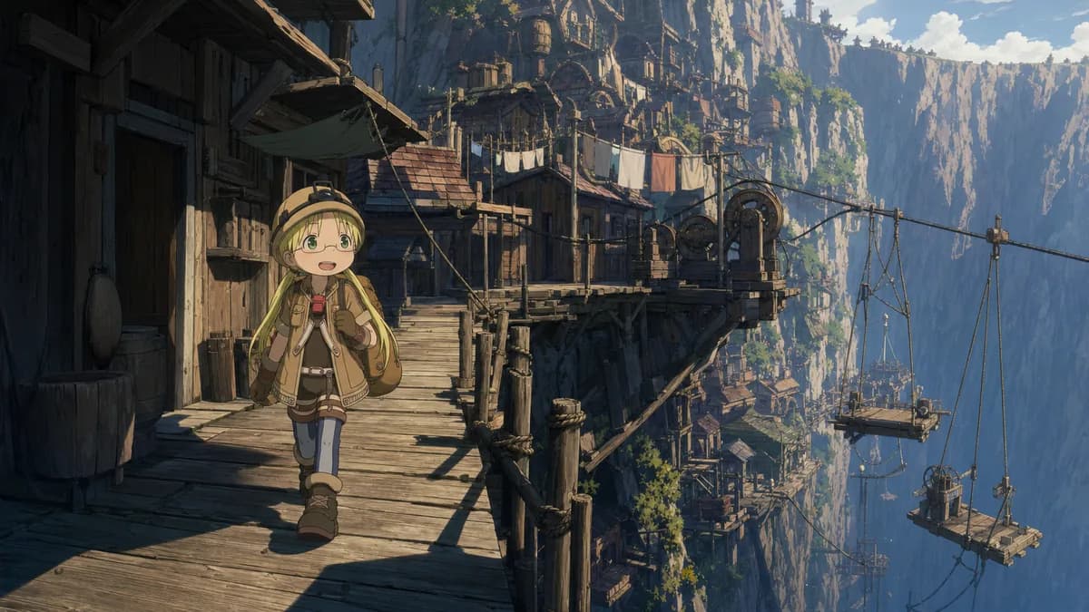 Riko on a plank walkway among the stacked cliff-edge houses of the rim town.