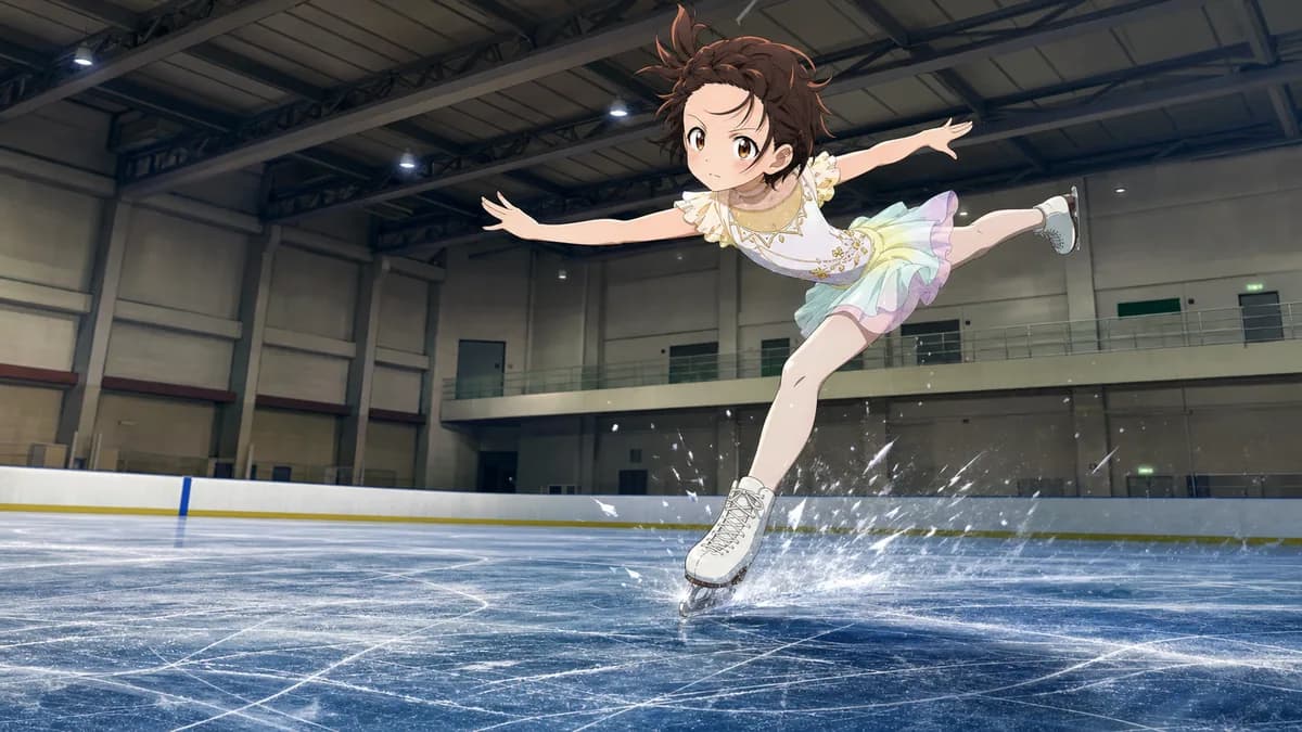Inori landing a jump, ice spraying from her blade, body still holding the line.