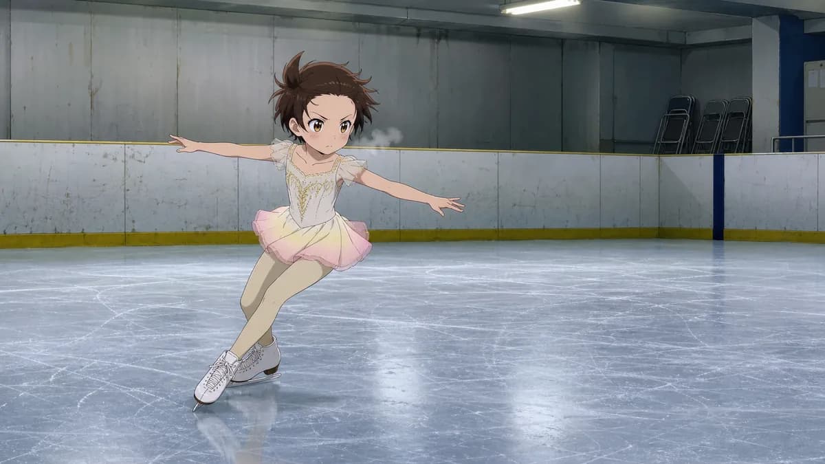 Inori practising alone on a scuffed local rink, chairs stacked at the barrier.