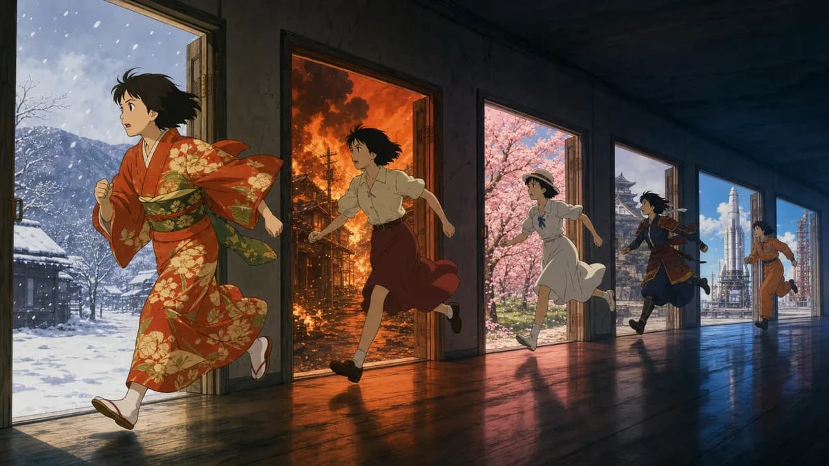 Chiyoko running through a corridor of doorways, each framing a different era.
