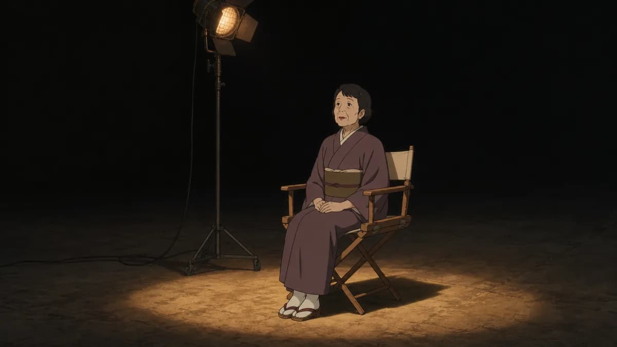 An older Chiyoko sitting alone in a director's chair on an empty soundstage.