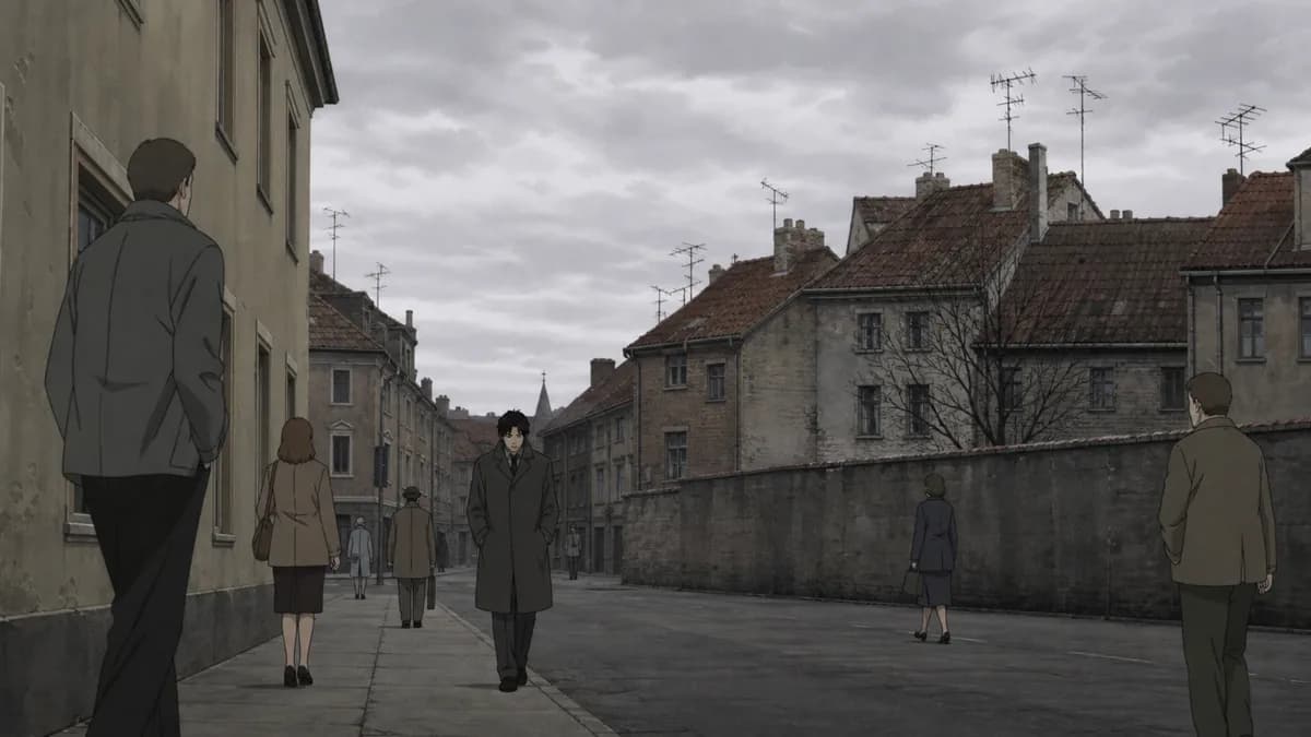Tenma small in a drab 1990s European street under flat grey overcast.