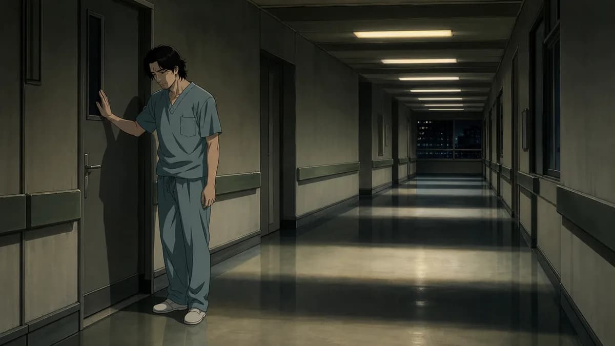 Tenma alone in an empty hospital corridor at night, hand still on a door.