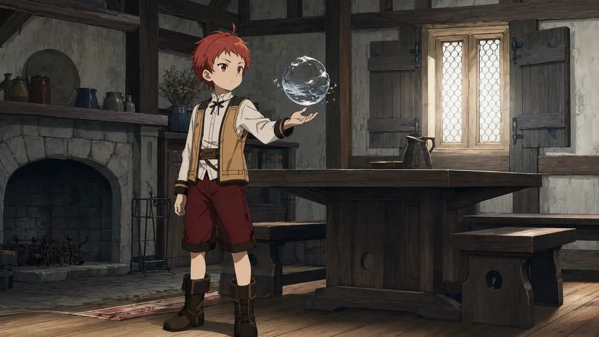 A very small child in a farmhouse room shaping a ball of water in the air with no incantation.