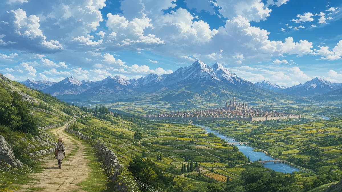 A tiny travelling figure on a road beneath an enormous painted fantasy landscape.