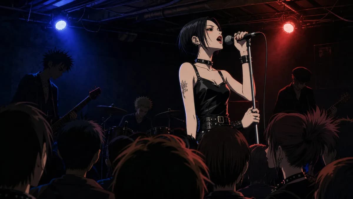 Nana Osaki at a microphone in a small dark club, band behind her, crowd close enough to touch.