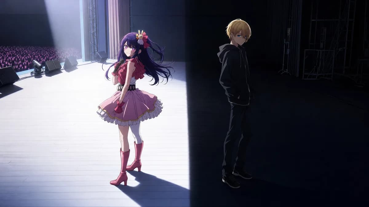 Aqua and Ruby standing on a stage split hard between blazing light and deep shadow.