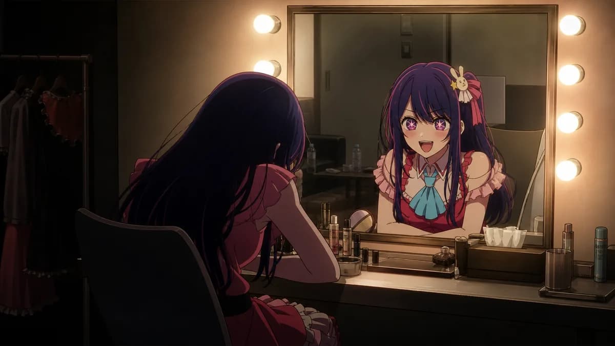 Ai Hoshino sitting at a bulb-lit dressing-room mirror, her reflection not quite matching her expression.