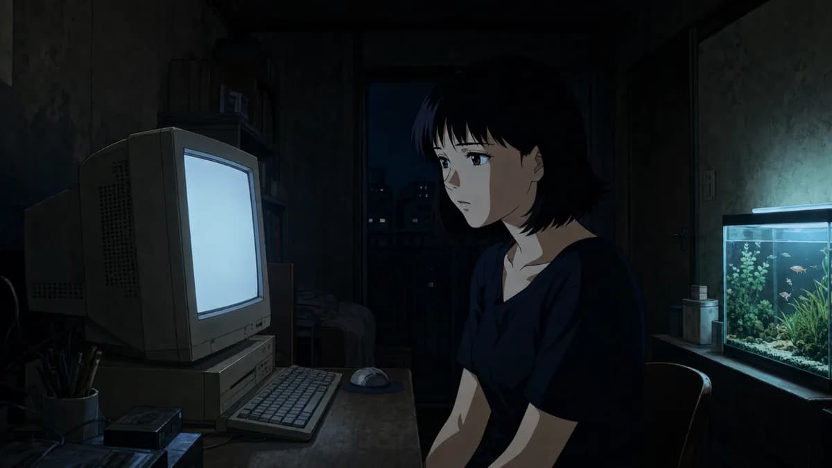 Mima sitting at a small desk in a dark apartment, lit only by a boxy computer monitor.