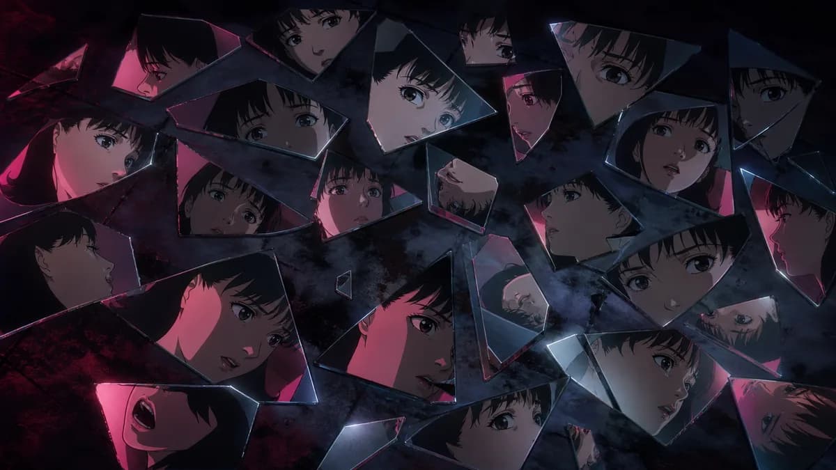 Mima's face fractured across mirror shards scattered on a dark floor, each reflection different.