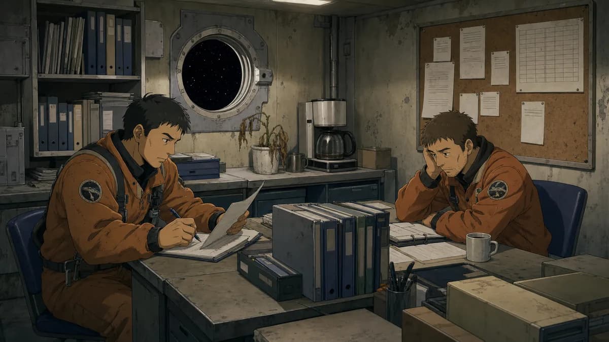 The cramped, shabby office of a debris section crew, more admin than adventure.