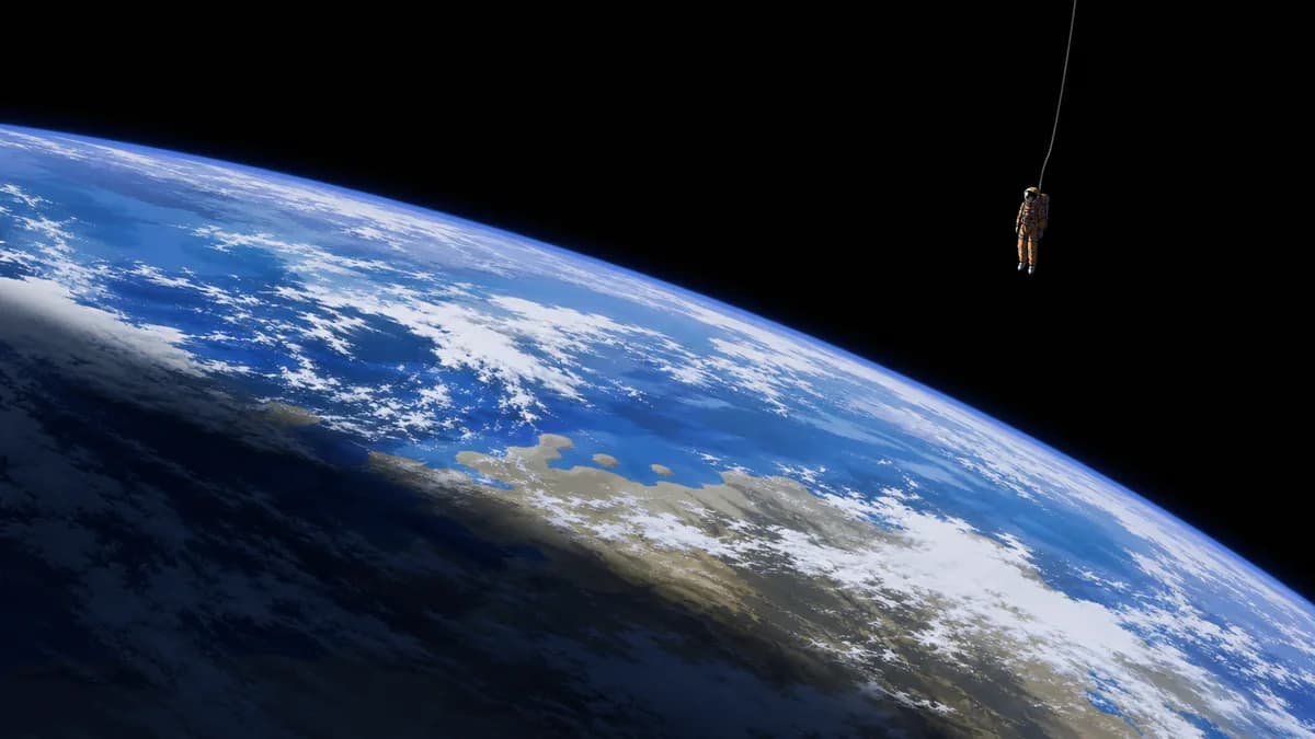 A single tethered figure hanging still against the enormous curve of Earth.