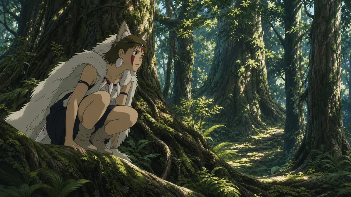 San crouched still on a mossy root in dappled forest light, watching.