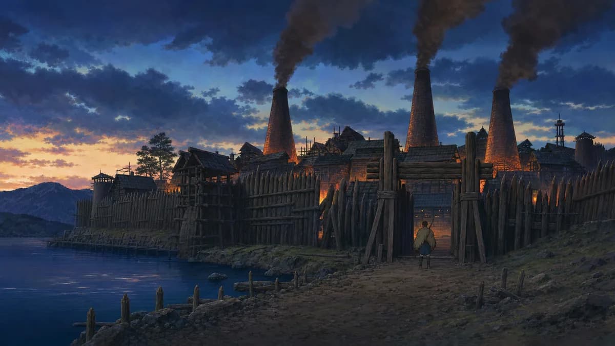 Ashitaka arriving at the gates of a fortified ironworks town at dusk, smoke rising.