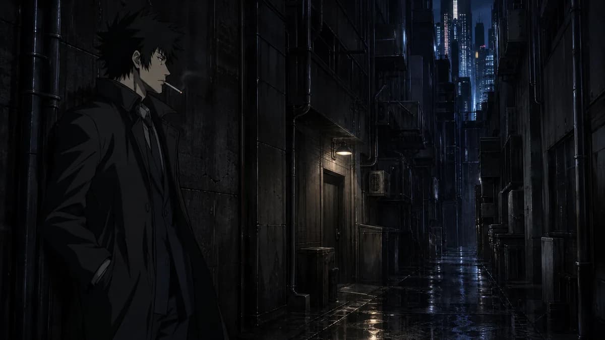 Kogami alone in a rain-lit back alley, city glow above, everything cold and grey.