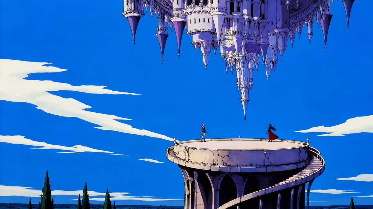 The duelling arena on its high platform with an inverted castle hanging in the sky above it.