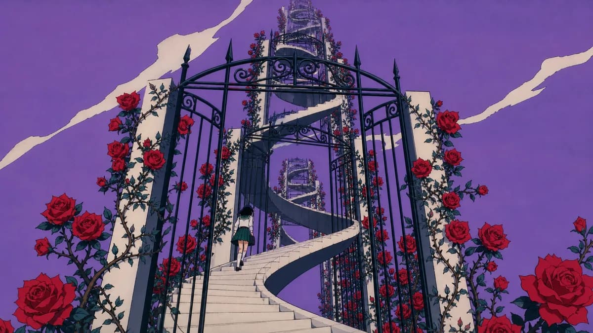 An endless spiral staircase climbing through rose-covered gates in flat theatrical colour.