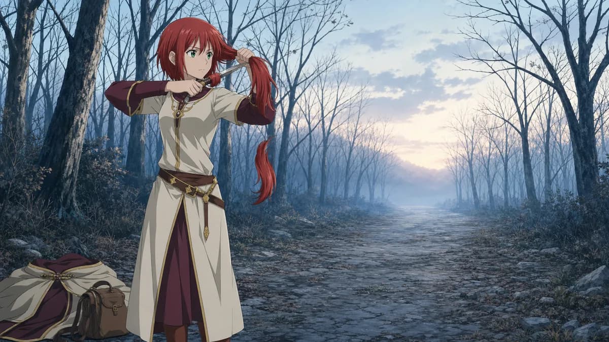 A young woman cutting off her long red hair with a knife on a forest road at dawn.