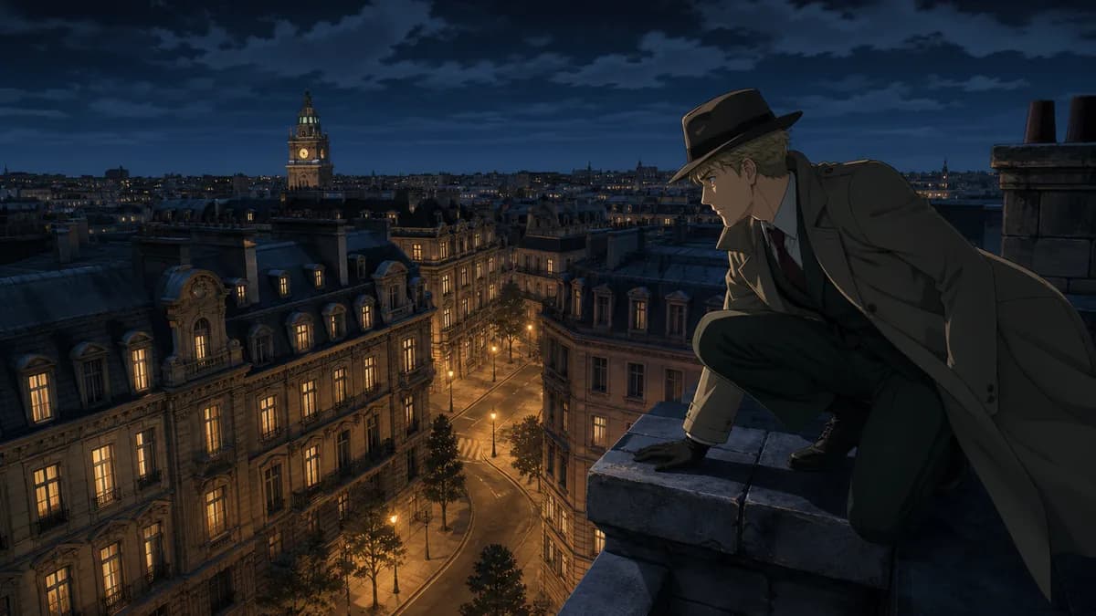 A spy in a coat crouched on a night rooftop above a Cold War city.
