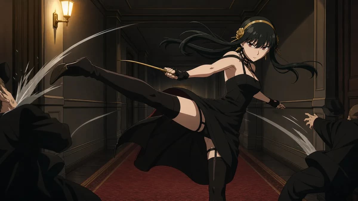 Yor in her assassin's black dress mid-strike in a dark corridor, entirely unlike her daytime self.
