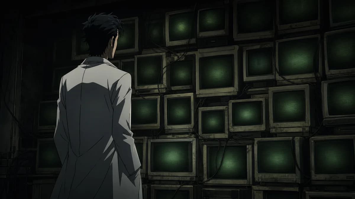 Okabe lit only by a wall of old CRT monitors in a dark room.