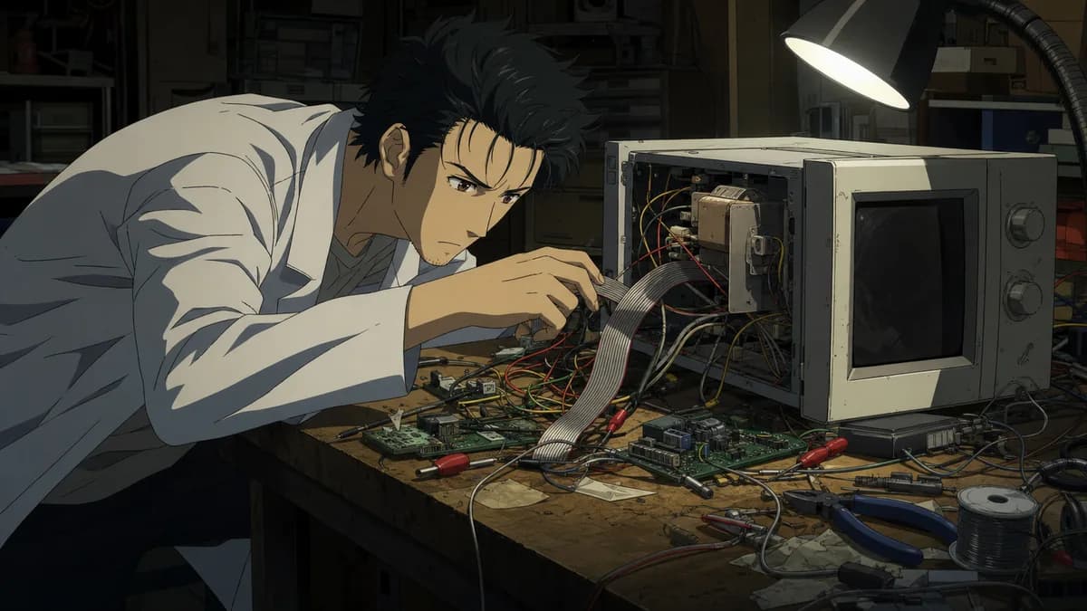 Okabe crouched over a microwave wired to circuit boards, cables everywhere.