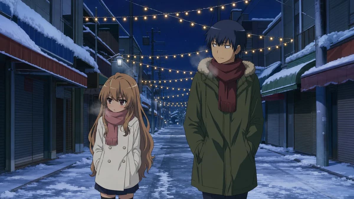 Taiga and Ryuuji walking a snowy street at night under strings of winter lights.