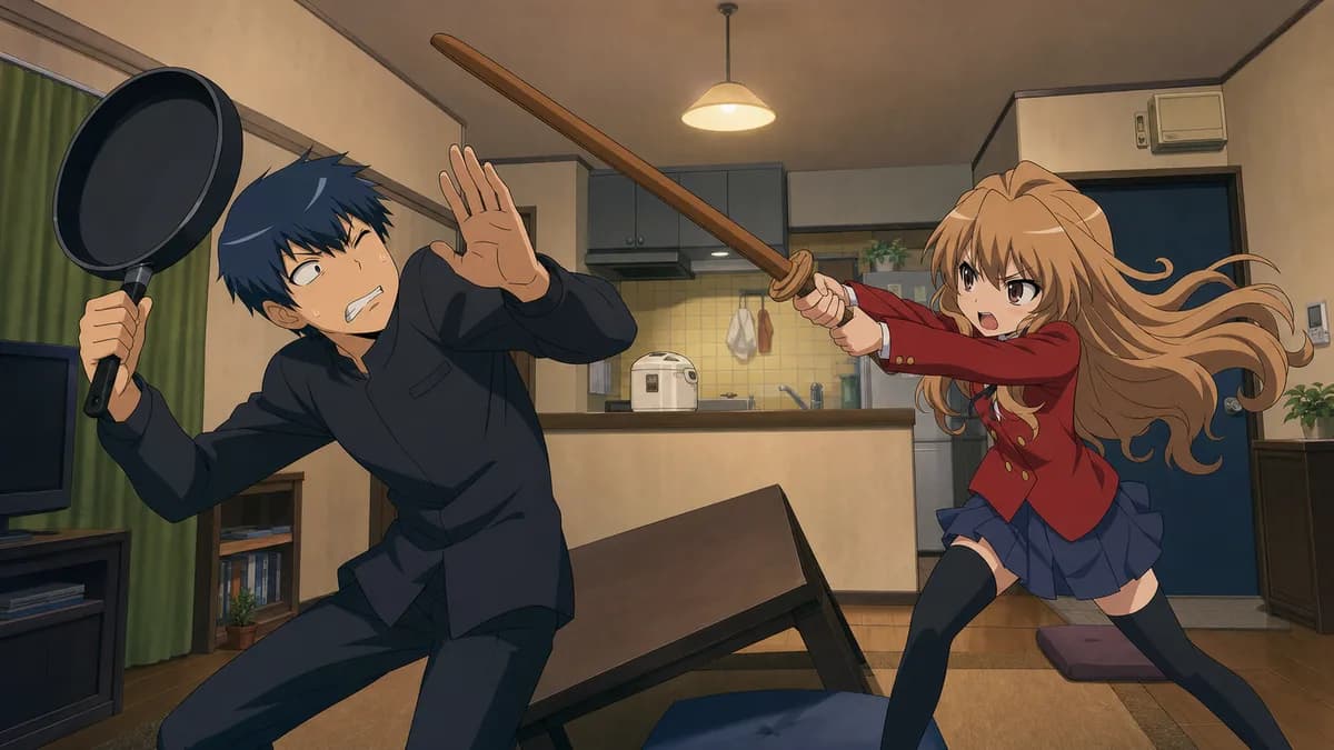 Taiga swinging a wooden practice sword in a small apartment while Ryuuji ducks.