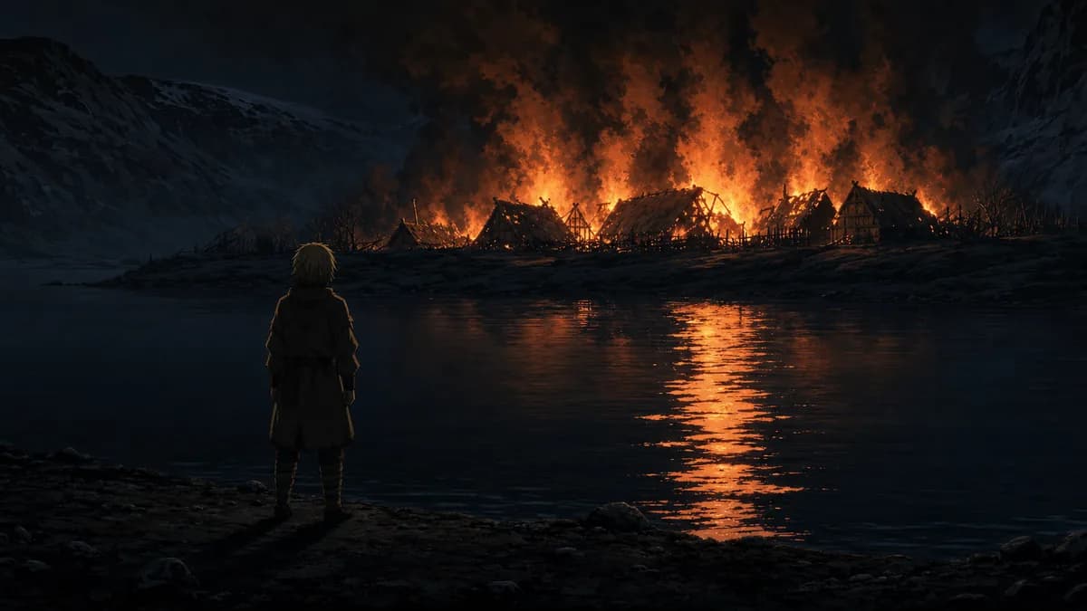 Thorfinn silhouetted against a burning Norse village at night, seen across black water.