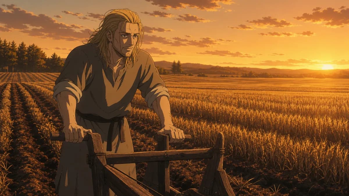 Thorfinn working a plough in a wheat field at golden hour, no weapon anywhere.