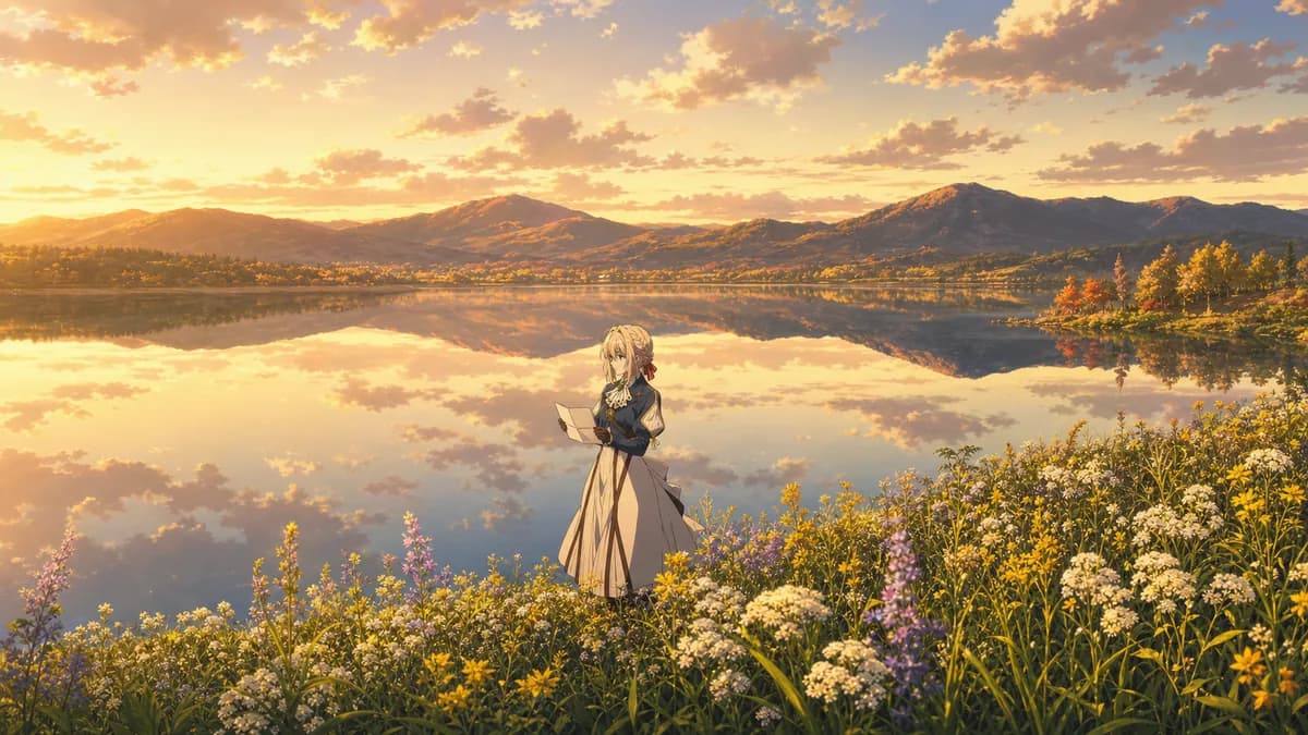 Violet standing at a flower-ringed lake at golden hour, letter in hand.