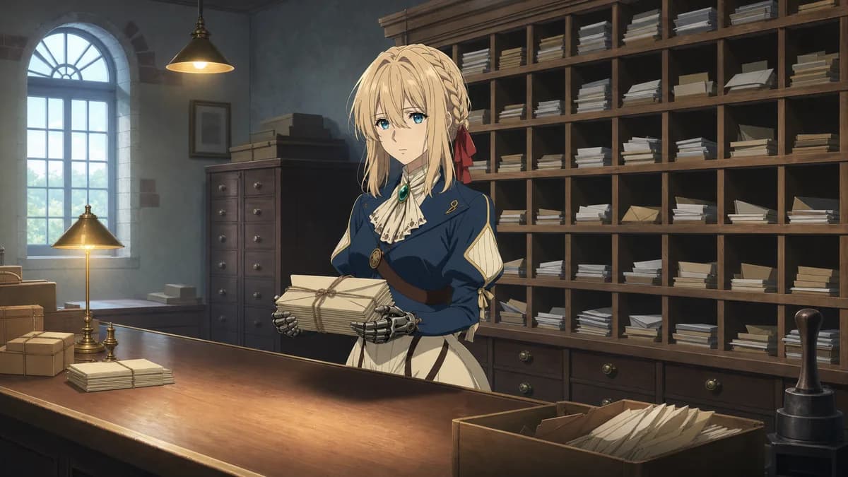 Violet in the postal company's sorting room, a bundle of letters in her brass hands.