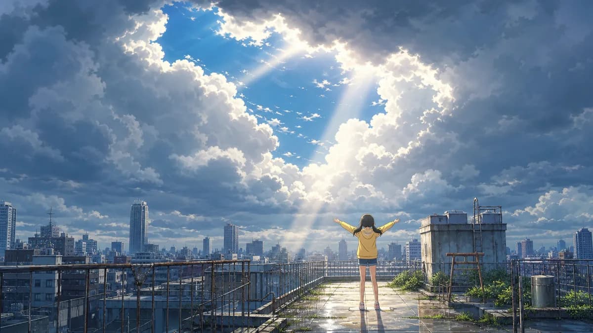 Hina standing in sudden sunlight as it breaks through towering rain clouds over the city.
