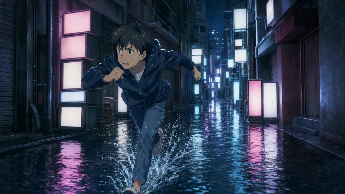 Hodaka running through a flooded Tokyo backstreet at night, neon smeared in the water.