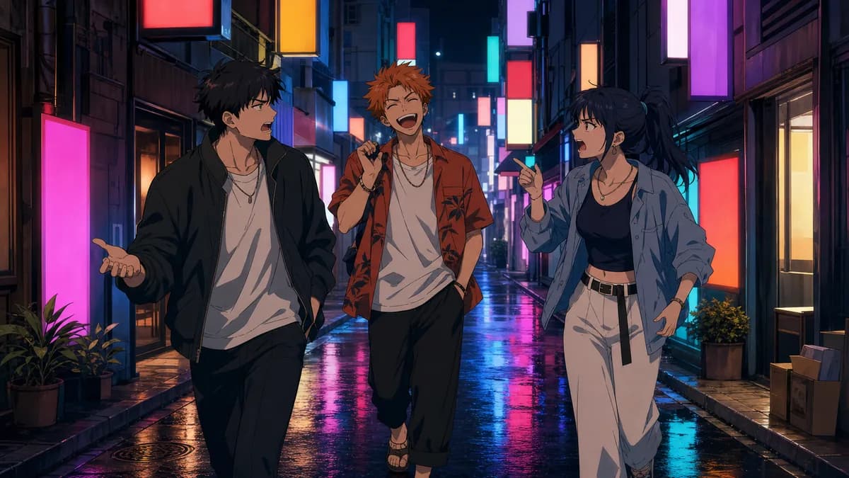 Friends walking a neon-lit street at night, deep in animated conversation.