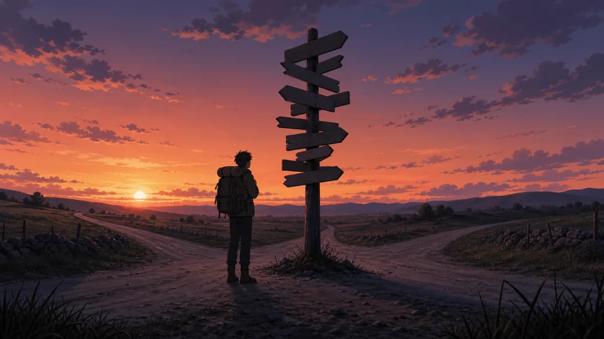 A viewer standing at a crossroads signpost crowded with blank arrow boards at dusk.