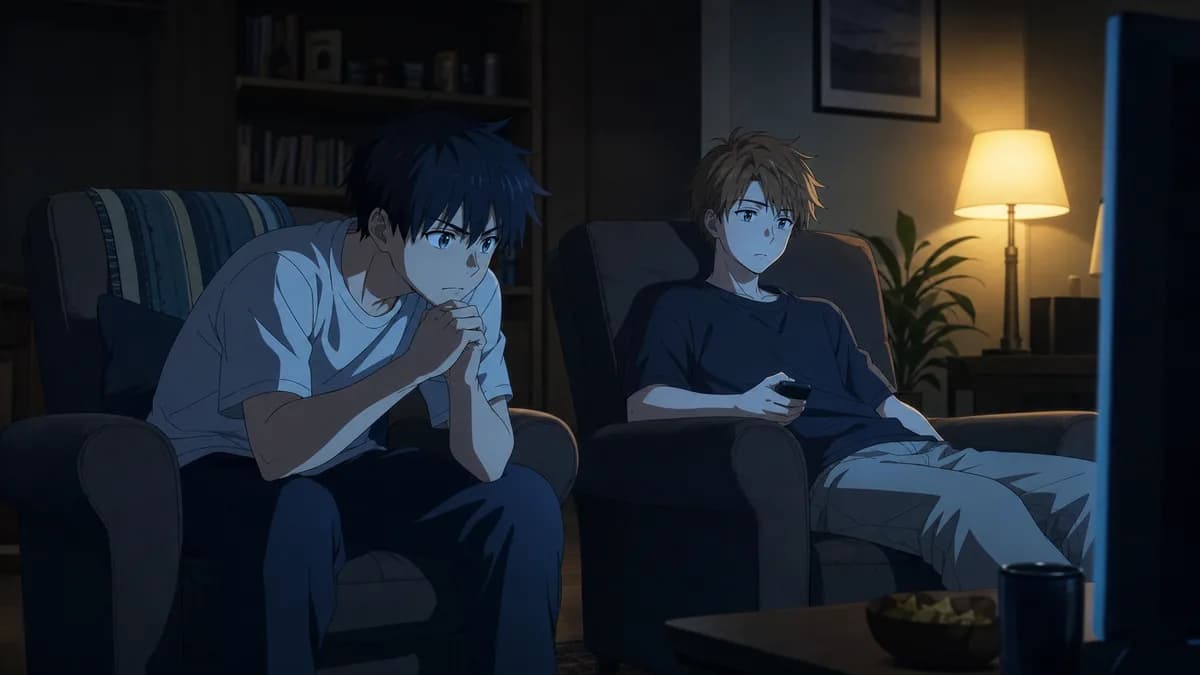 One friend leaning forward gripped by the screen while the other reluctantly gives in.