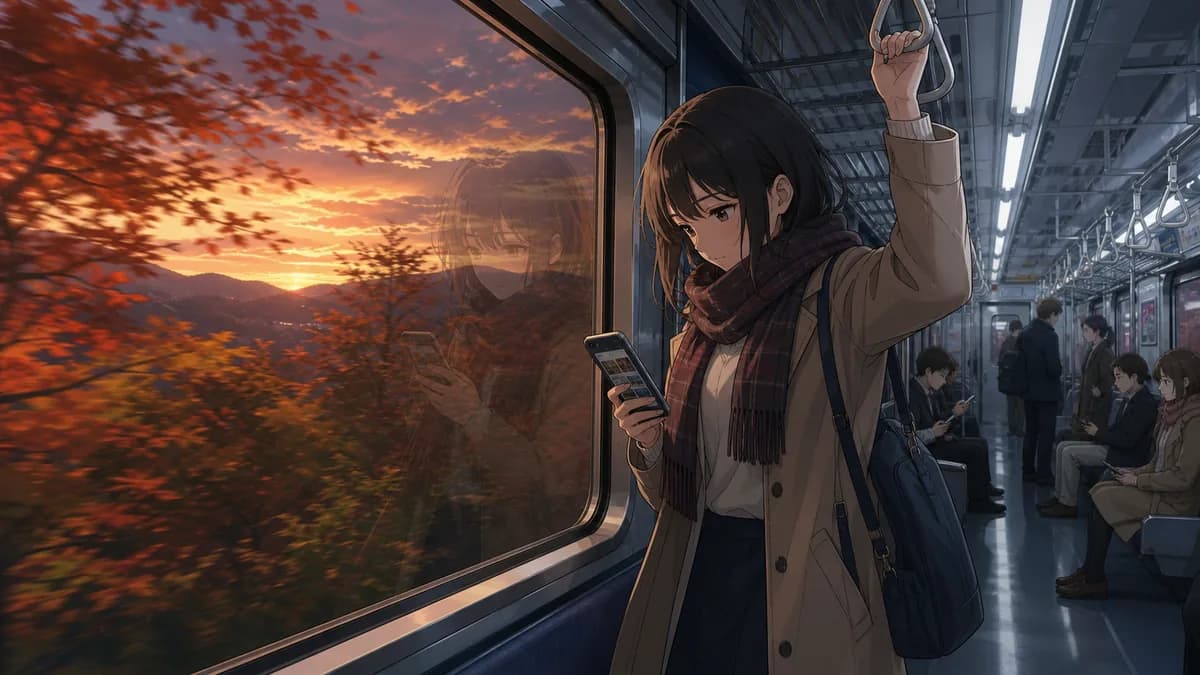 University student in beige coat and red plaid scarf checks her phone while standing on an autumn evening commuter train.